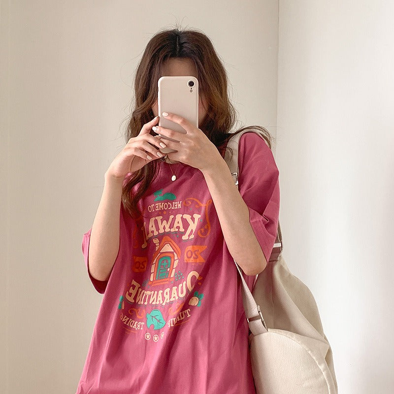 Cotton Contrast Letter Printing Short Sleeve T Shirt Womens Spring/Summer New Bf Style Loose Slim Student Top Fashion