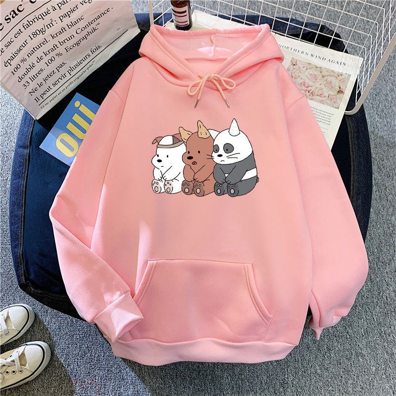 Autumn And Winter New Cartoon Print Students Loose Long-Sleeved Top Coat Plus Down Hooded Sweater