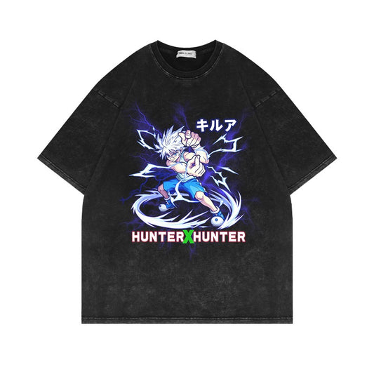 280G Heavyweight Washed Old Short Sleeve T Shirt Full Time Hunter Anime Oversize American Vintage High Street Half Sleeve