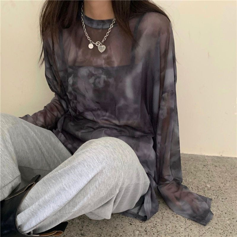 Perspective Mesh Heart Machine Long Sleeve Bottom Top Women's Korean Loose Thin Tie Dyed T-shirt Trend