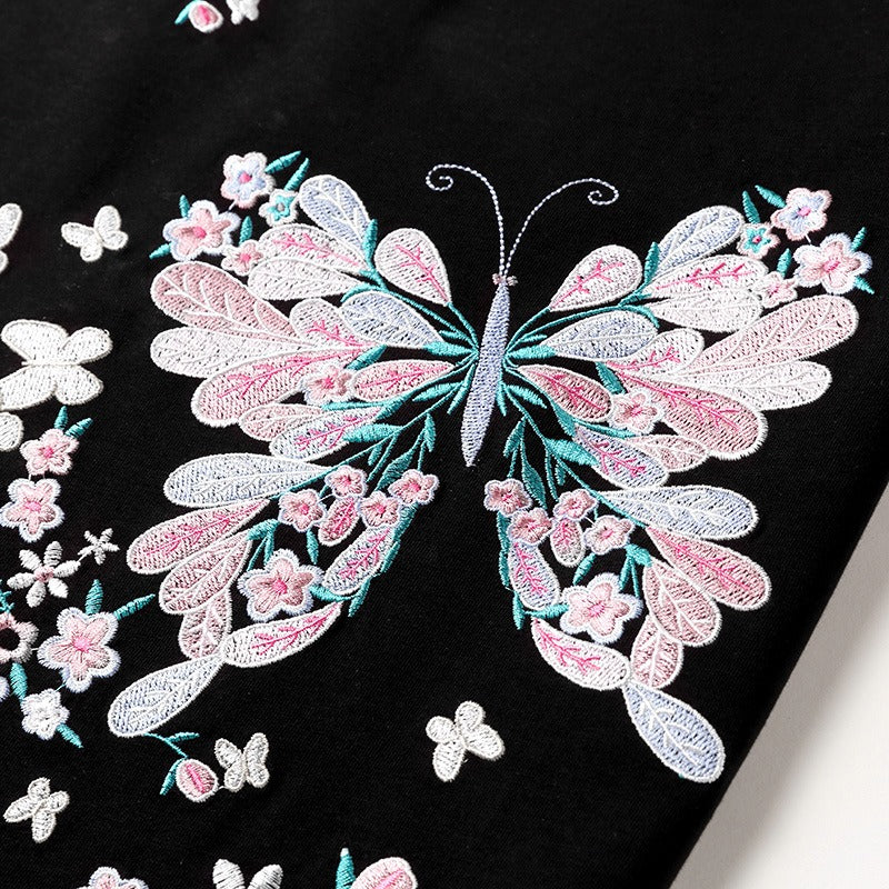 Summer butterfly embroidery couple T shirt Chinese style original loose large size cotton fashion short sleeved t shirt men