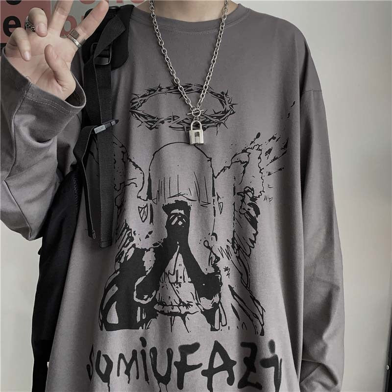 Dark Black High Street Style Hip Hop Long Sleeve T-shirt for Men Ins Graffiti Letter Print Loose Spring and Autumn Underlay Top