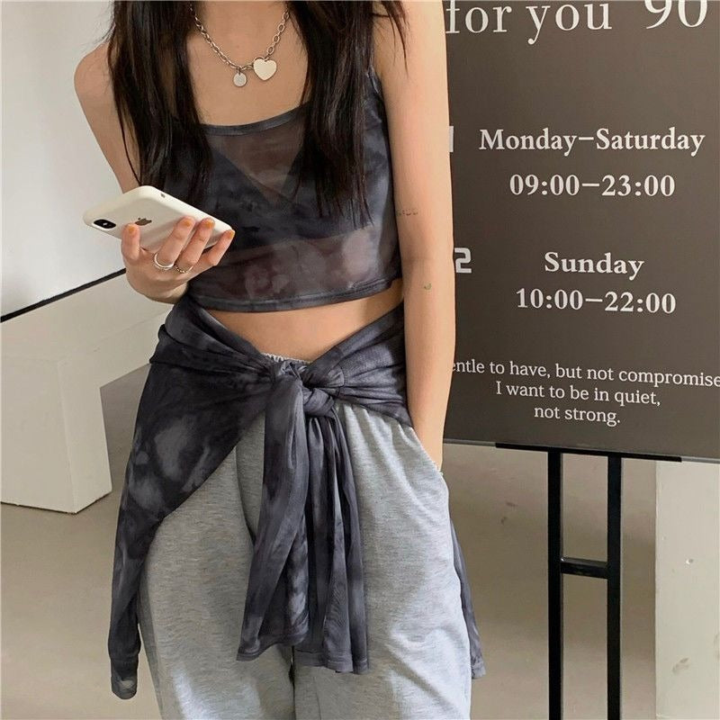 Perspective Mesh Heart Machine Long Sleeve Bottom Top Women's Korean Loose Thin Tie Dyed T-shirt Trend