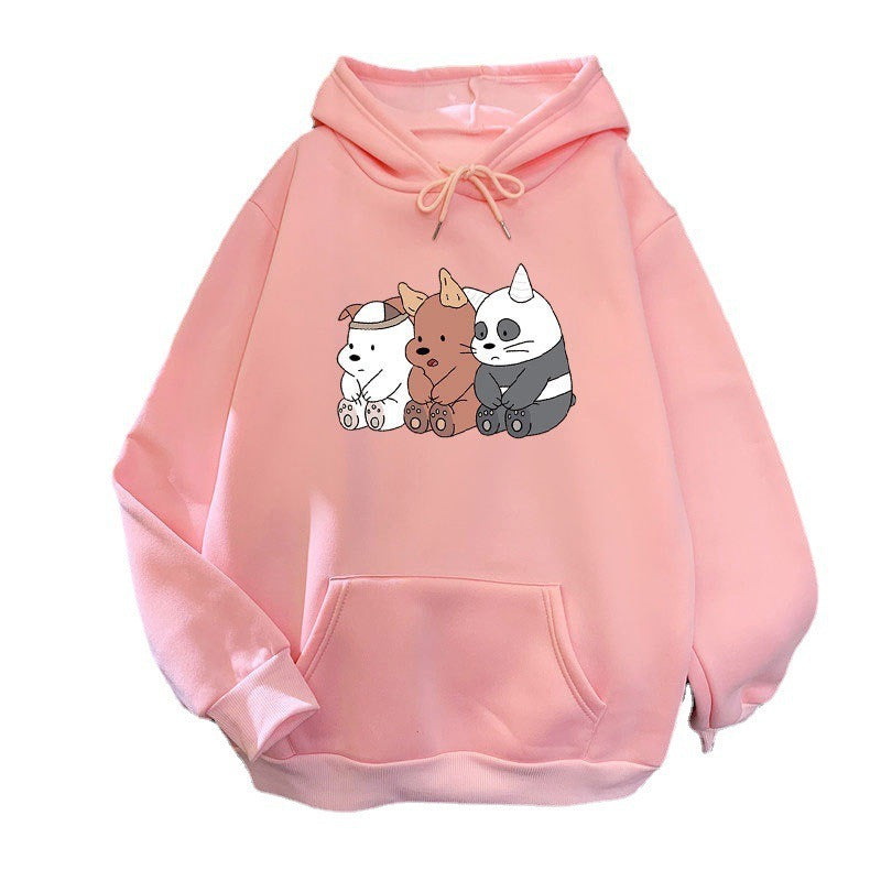 Autumn And Winter New Cartoon Print Students Loose Long-Sleeved Top Coat Plus Down Hooded Sweater