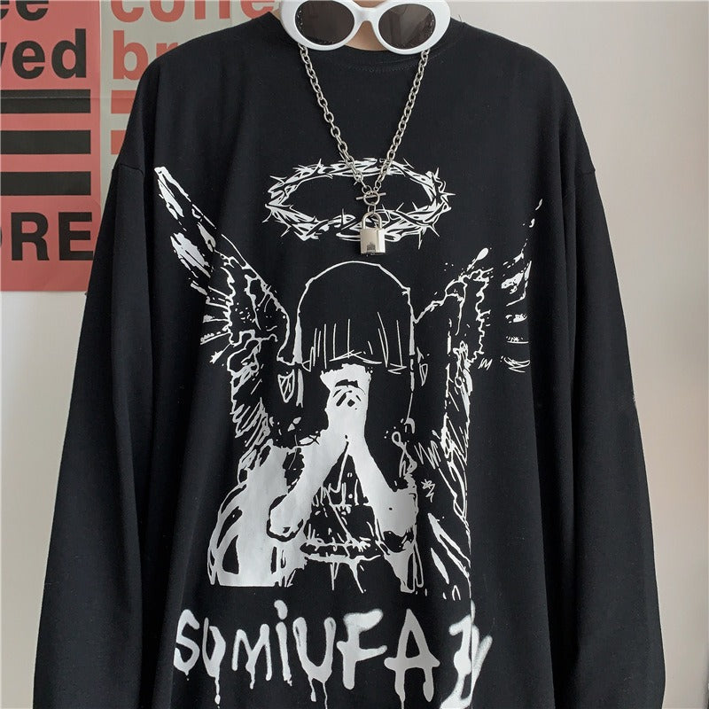 Dark Black High Street Style Hip Hop Long Sleeve T-shirt for Men Ins Graffiti Letter Print Loose Spring and Autumn Underlay Top