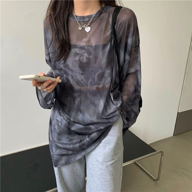 Perspective Mesh Heart Machine Long Sleeve Bottom Top Women's Korean Loose Thin Tie Dyed T-shirt Trend