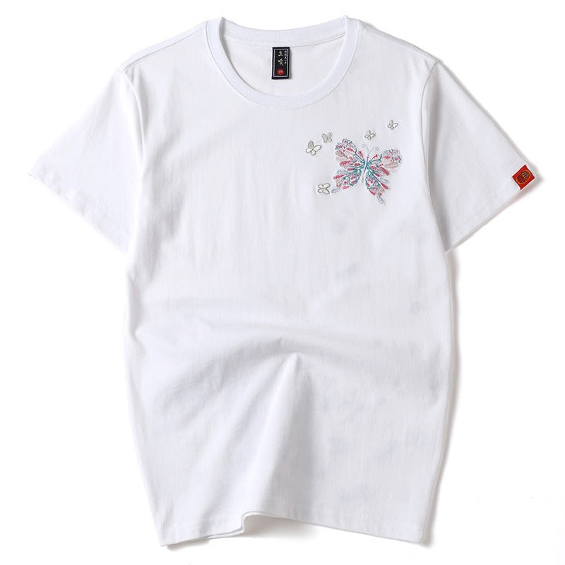 Summer butterfly embroidery couple T shirt Chinese style original loose large size cotton fashion short sleeved t shirt men