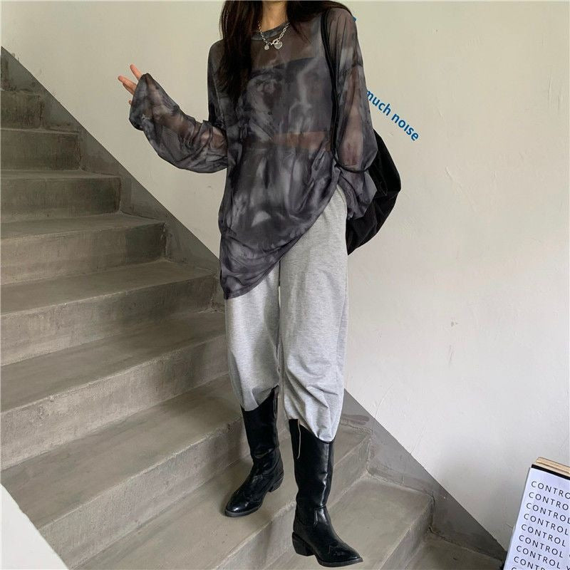 Perspective Mesh Heart Machine Long Sleeve Bottom Top Women's Korean Loose Thin Tie Dyed T-shirt Trend