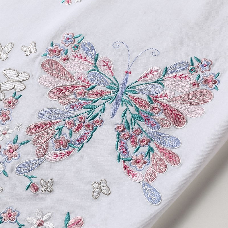 Summer butterfly embroidery couple T shirt Chinese style original loose large size cotton fashion short sleeved t shirt men