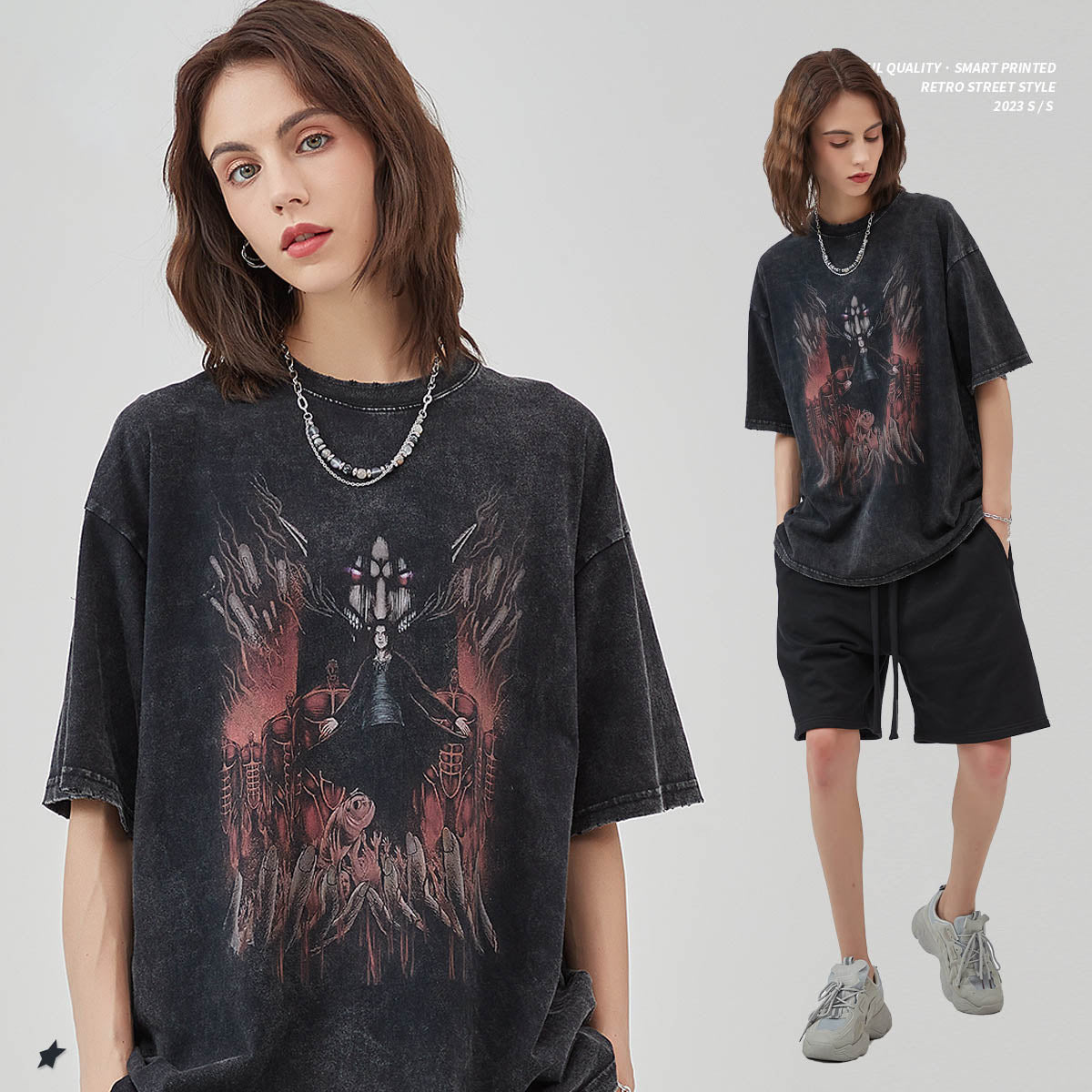 Mens and Womens Wear Worn Out Old High Street Loose Short Sleeve T Strike Giant Print Fried Snow Vintage T shirt