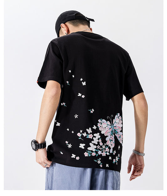 Summer butterfly embroidery couple T shirt Chinese style original loose large size cotton fashion short sleeved t shirt men