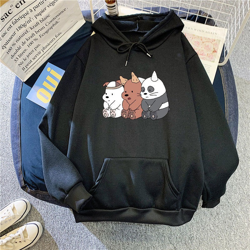 Autumn And Winter New Cartoon Print Students Loose Long-Sleeved Top Coat Plus Down Hooded Sweater