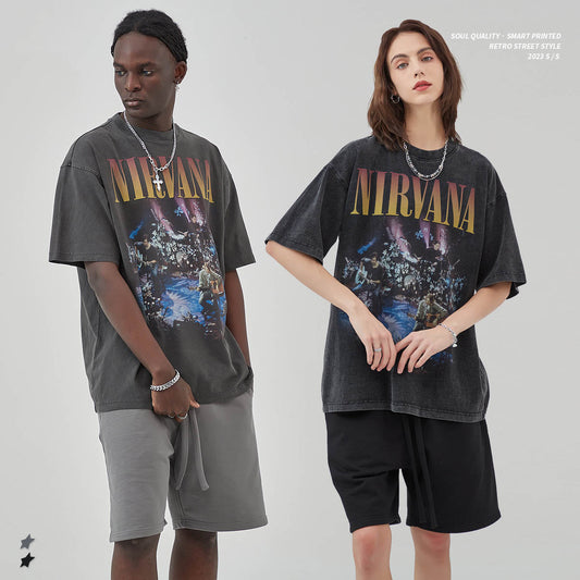 Spring and Summer Water Wash Vintage Fashion Brand T Shirt Nirvana Band Digital Direct Spray Printing Short Sleeve Couple Style