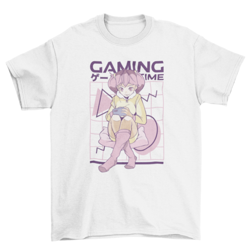 Pink hair anime gamer girl t-shirt