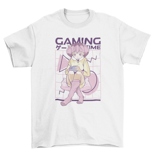 Pink hair anime gamer girl t-shirt