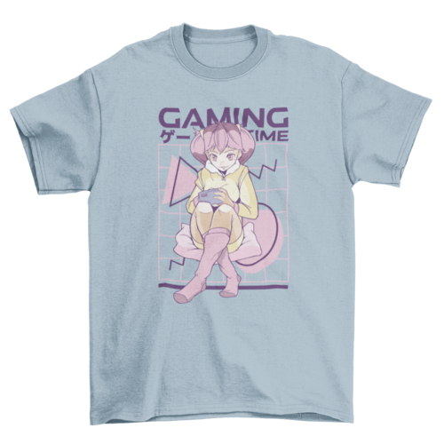 Pink hair anime gamer girl t-shirt