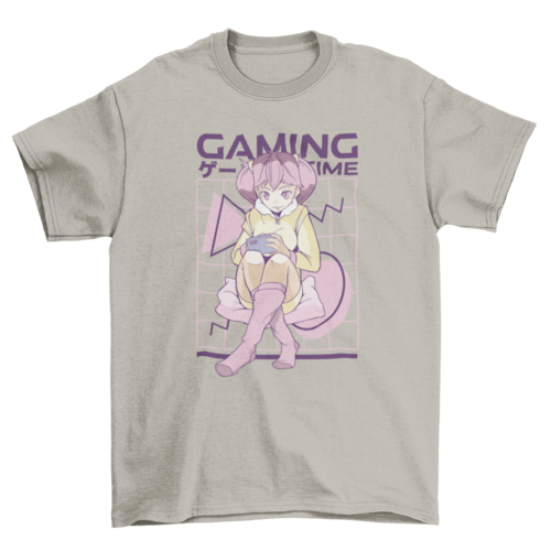 Pink hair anime gamer girl t-shirt